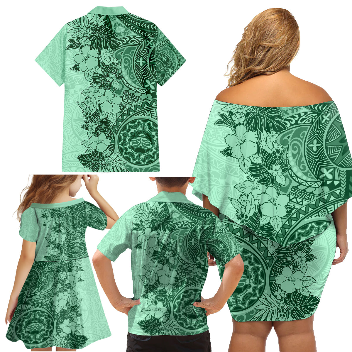 Polynesia Family Matching Off Shoulder Short Dress and Hawaiian Shirt Hibiscus and Hawaiian Tribal Tattoo Retro Style Green Color LT9 - Wonder Print Shop