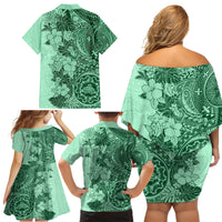 Polynesia Family Matching Off Shoulder Short Dress and Hawaiian Shirt Hibiscus and Hawaiian Tribal Tattoo Retro Style Green Color LT9 - Wonder Print Shop