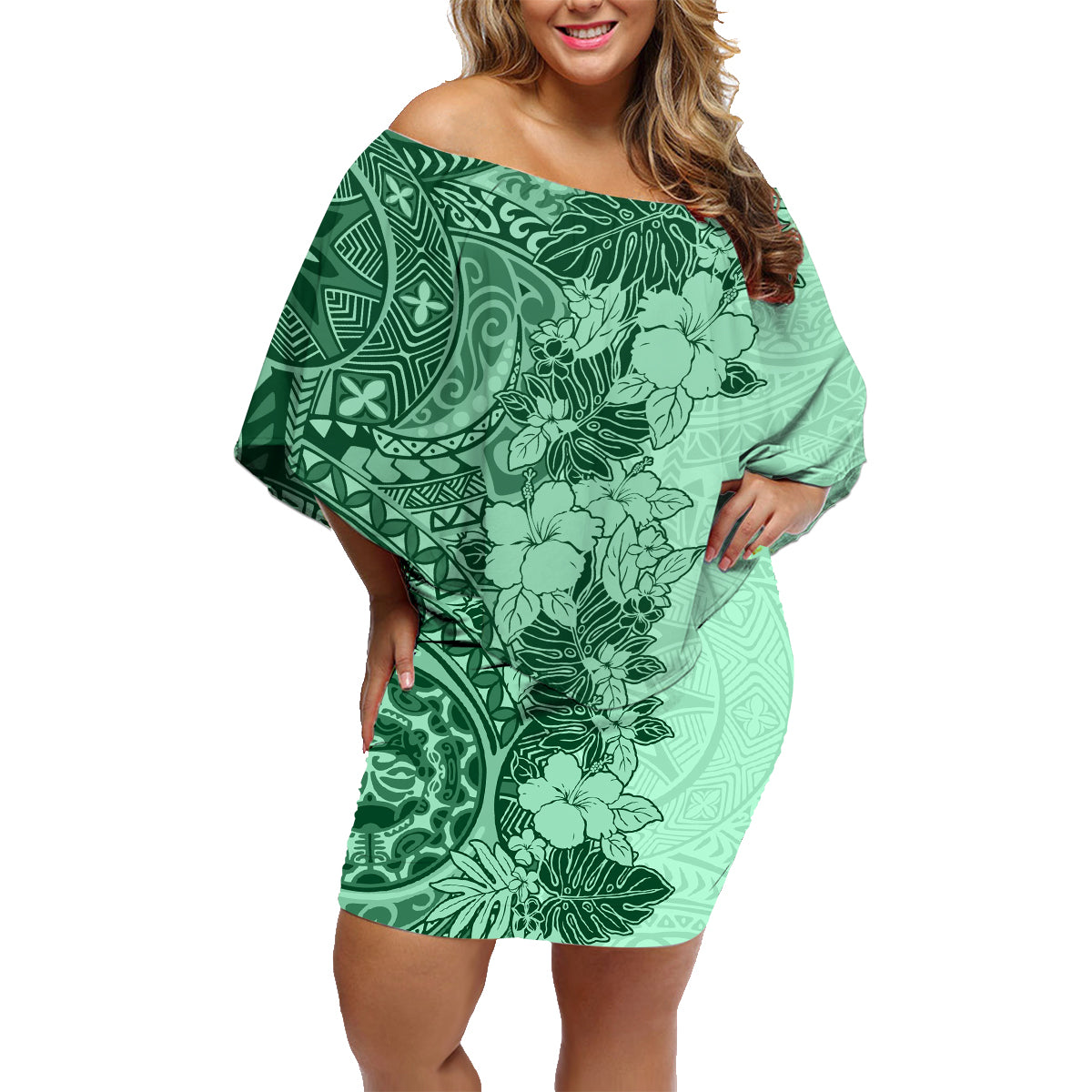 Polynesia Family Matching Off Shoulder Short Dress and Hawaiian Shirt Hibiscus and Hawaiian Tribal Tattoo Retro Style Green Color LT9 - Wonder Print Shop