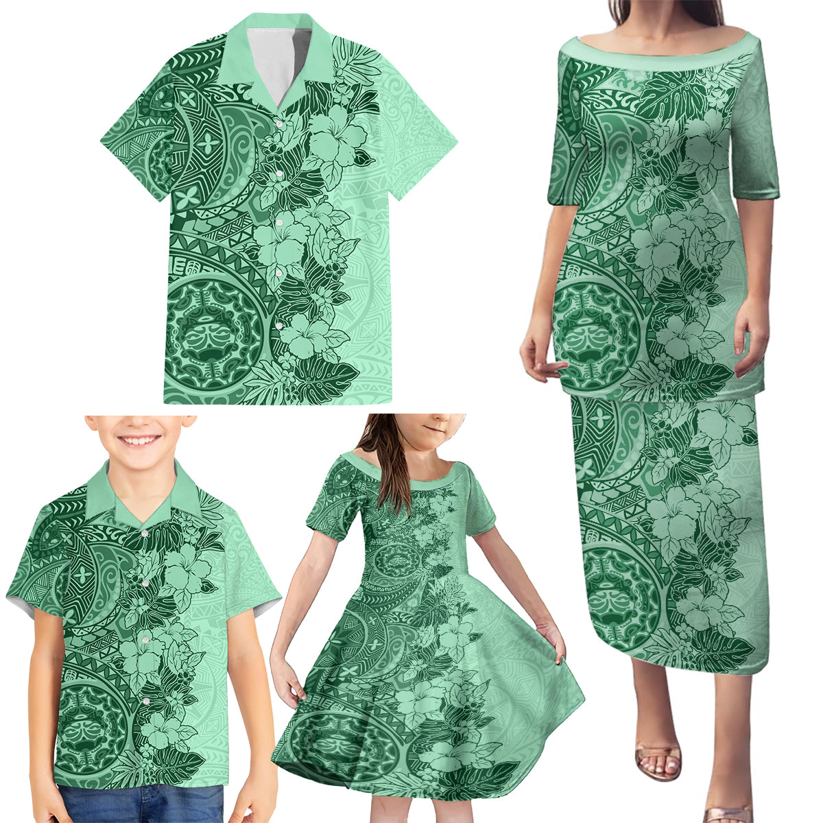 Polynesia Family Matching Puletasi Dress and Hawaiian Shirt Hibiscus and Hawaiian Tribal Tattoo Retro Style Green Color - Wonder Print Shop