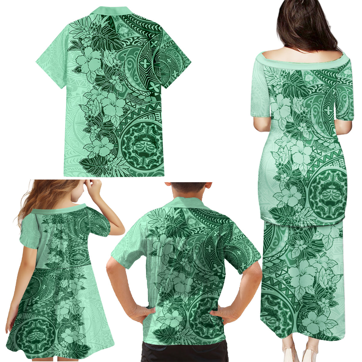 Polynesia Family Matching Puletasi Dress and Hawaiian Shirt Hibiscus and Hawaiian Tribal Tattoo Retro Style Green Color - Wonder Print Shop
