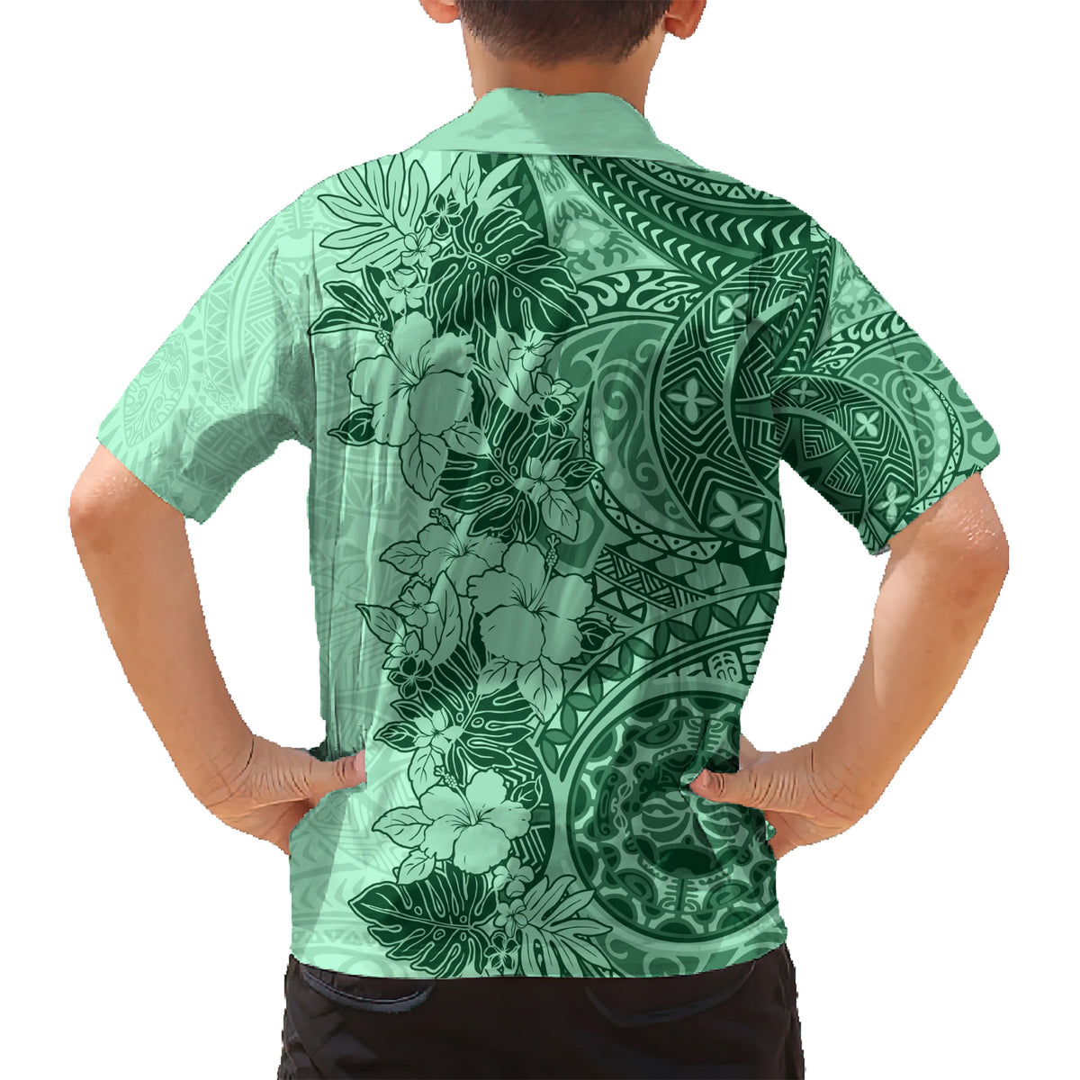 Polynesia Family Matching Short Sleeve Bodycon Dress and Hawaiian Shirt Hibiscus and Hawaiian Tribal Tattoo Retro Style Green Color - Wonder Print Shop