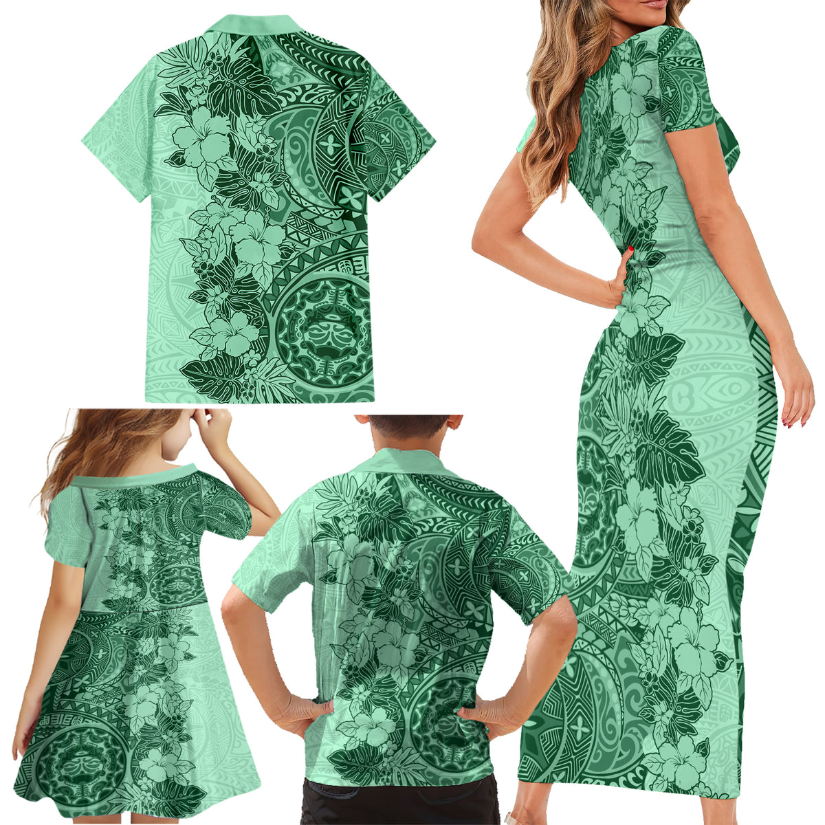 Polynesia Family Matching Short Sleeve Bodycon Dress and Hawaiian Shirt Hibiscus and Hawaiian Tribal Tattoo Retro Style Green Color - Wonder Print Shop
