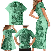 Polynesia Family Matching Short Sleeve Bodycon Dress and Hawaiian Shirt Hibiscus and Hawaiian Tribal Tattoo Retro Style Green Color - Wonder Print Shop