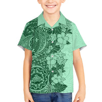 Polynesia Family Matching Short Sleeve Bodycon Dress and Hawaiian Shirt Hibiscus and Hawaiian Tribal Tattoo Retro Style Green Color - Wonder Print Shop