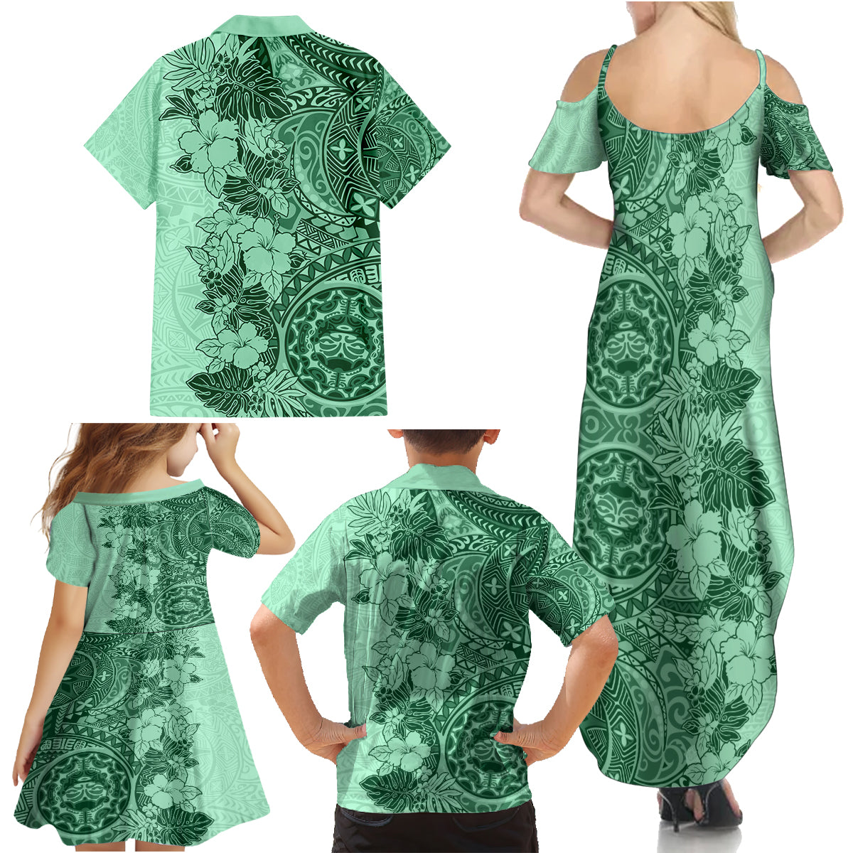 Polynesia Family Matching Summer Maxi Dress and Hawaiian Shirt Hibiscus and Hawaiian Tribal Tattoo Retro Style Green Color - Wonder Print Shop