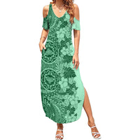 Polynesia Family Matching Summer Maxi Dress and Hawaiian Shirt Hibiscus and Hawaiian Tribal Tattoo Retro Style Green Color - Wonder Print Shop