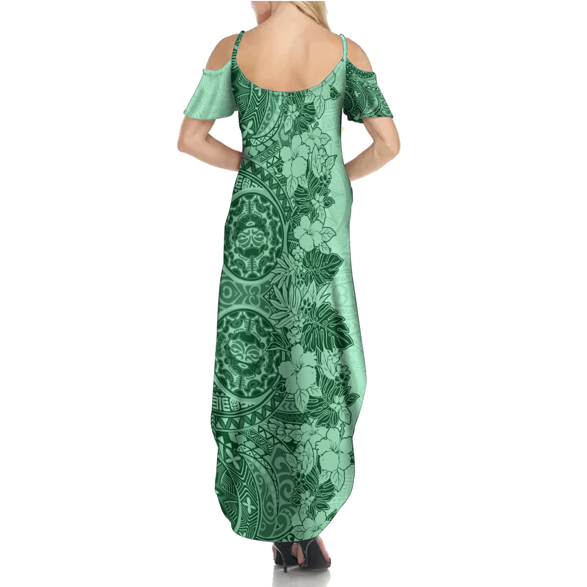 Polynesia Family Matching Summer Maxi Dress and Hawaiian Shirt Hibiscus and Hawaiian Tribal Tattoo Retro Style Green Color - Wonder Print Shop