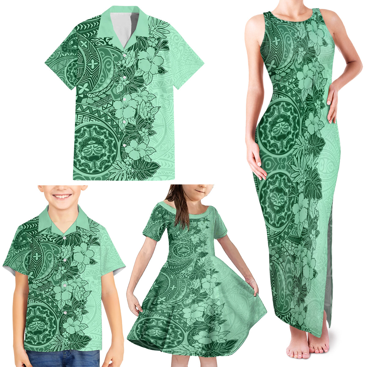 Polynesia Family Matching Tank Maxi Dress and Hawaiian Shirt Hibiscus and Hawaiian Tribal Tattoo Retro Style Green Color - Wonder Print Shop