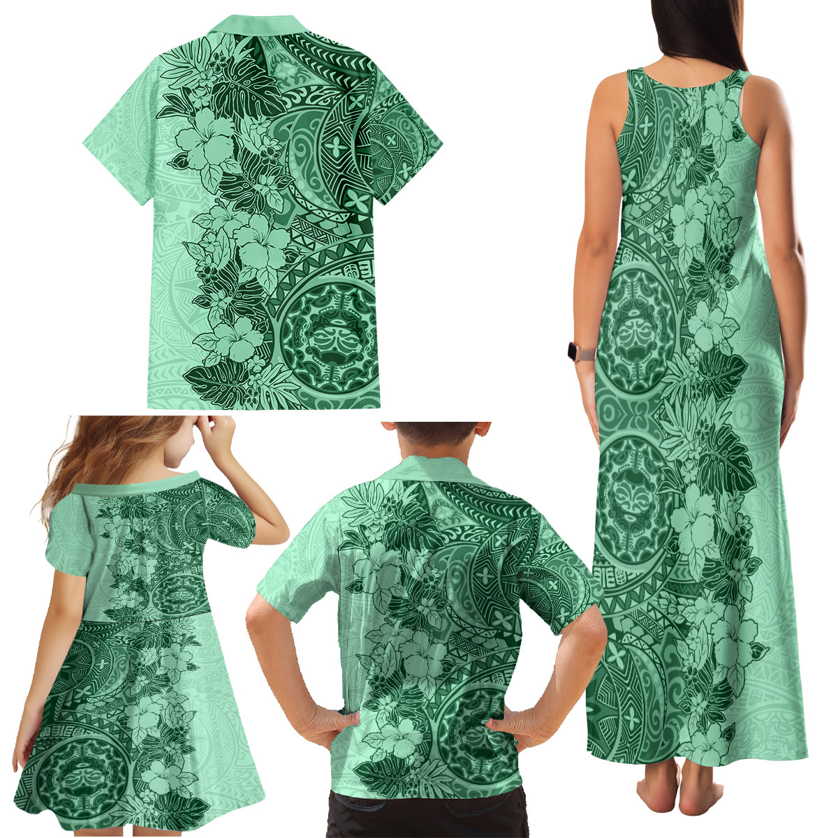 Polynesia Family Matching Tank Maxi Dress and Hawaiian Shirt Hibiscus and Hawaiian Tribal Tattoo Retro Style Green Color - Wonder Print Shop