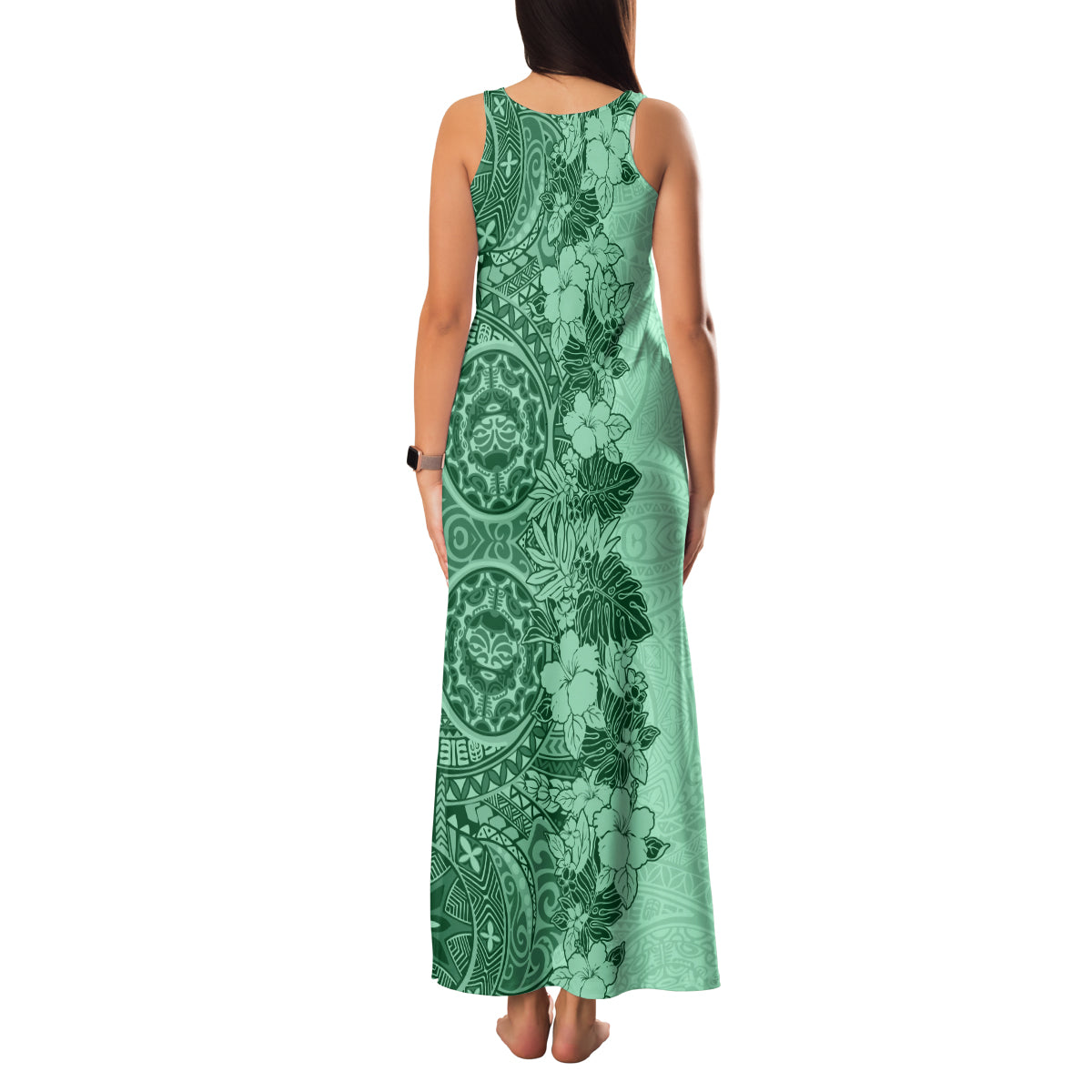 Polynesia Family Matching Tank Maxi Dress and Hawaiian Shirt Hibiscus and Hawaiian Tribal Tattoo Retro Style Green Color - Wonder Print Shop