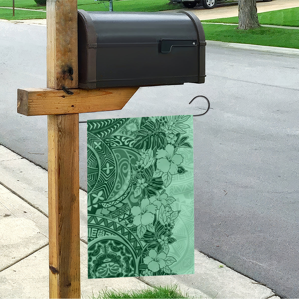Polynesia Garden Flag Hibiscus and Hawaiian Tribal Tattoo Retro Style Green Color - Wonder Print Shop
