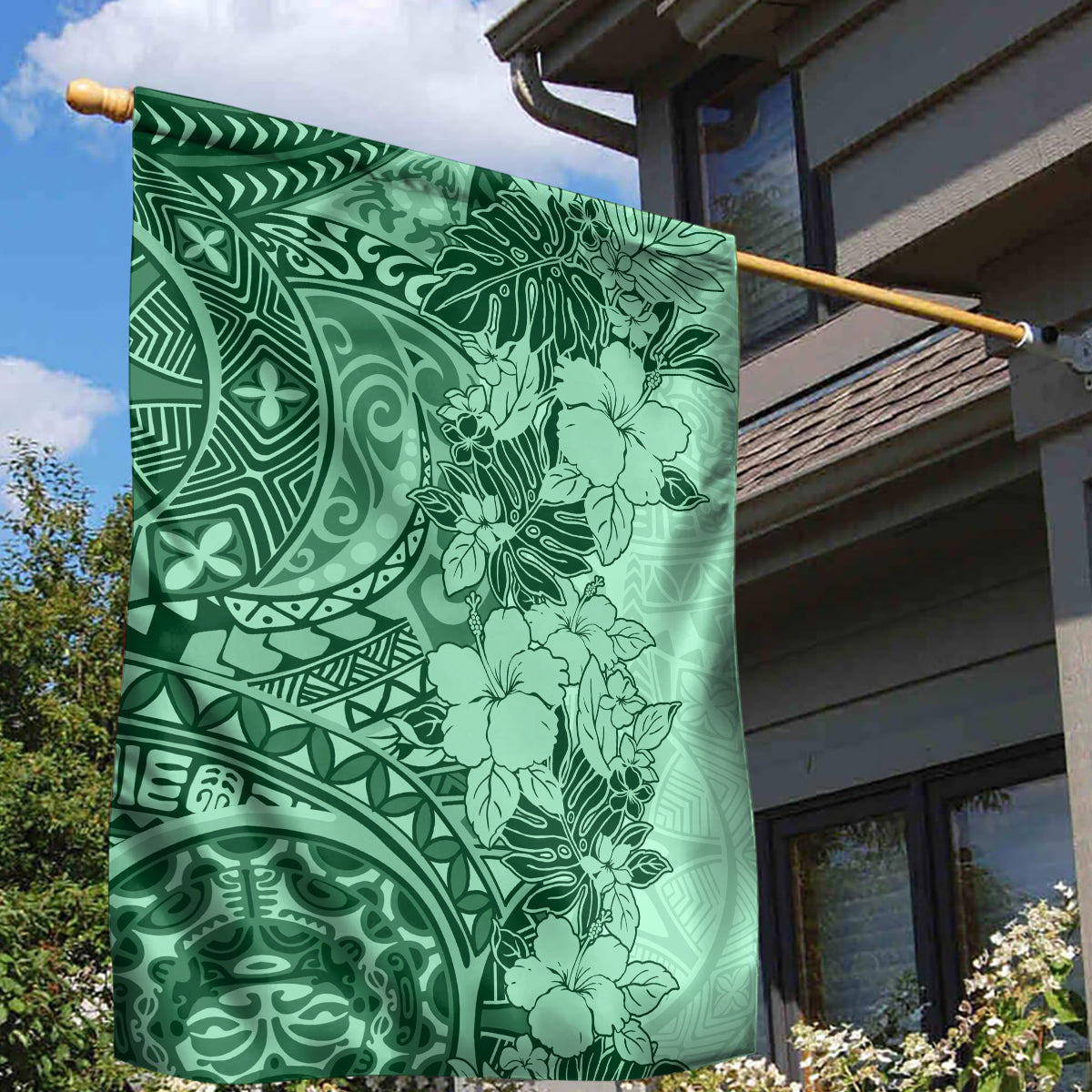 Polynesia Garden Flag Hibiscus and Hawaiian Tribal Tattoo Retro Style Green Color - Wonder Print Shop