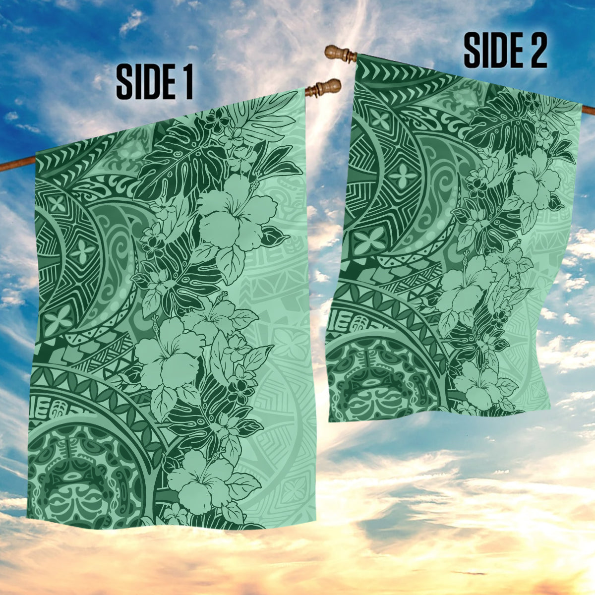 Polynesia Garden Flag Hibiscus and Hawaiian Tribal Tattoo Retro Style Green Color - Wonder Print Shop