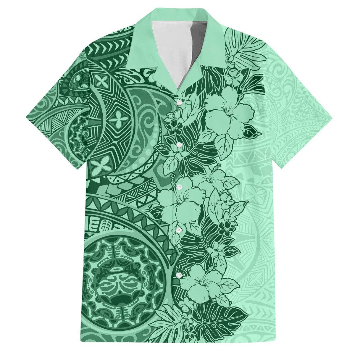Polynesia Hawaiian Shirt Hibiscus and Hawaiian Tribal Tattoo Retro Style Green Color - Wonder Print Shop