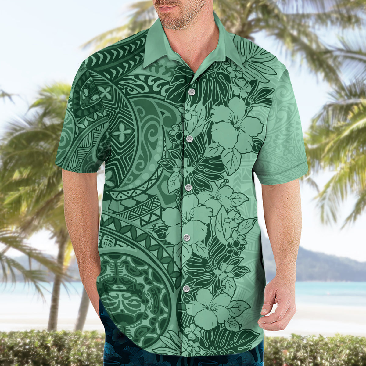 Polynesia Hawaiian Shirt Hibiscus and Hawaiian Tribal Tattoo Retro Style Green Color - Wonder Print Shop