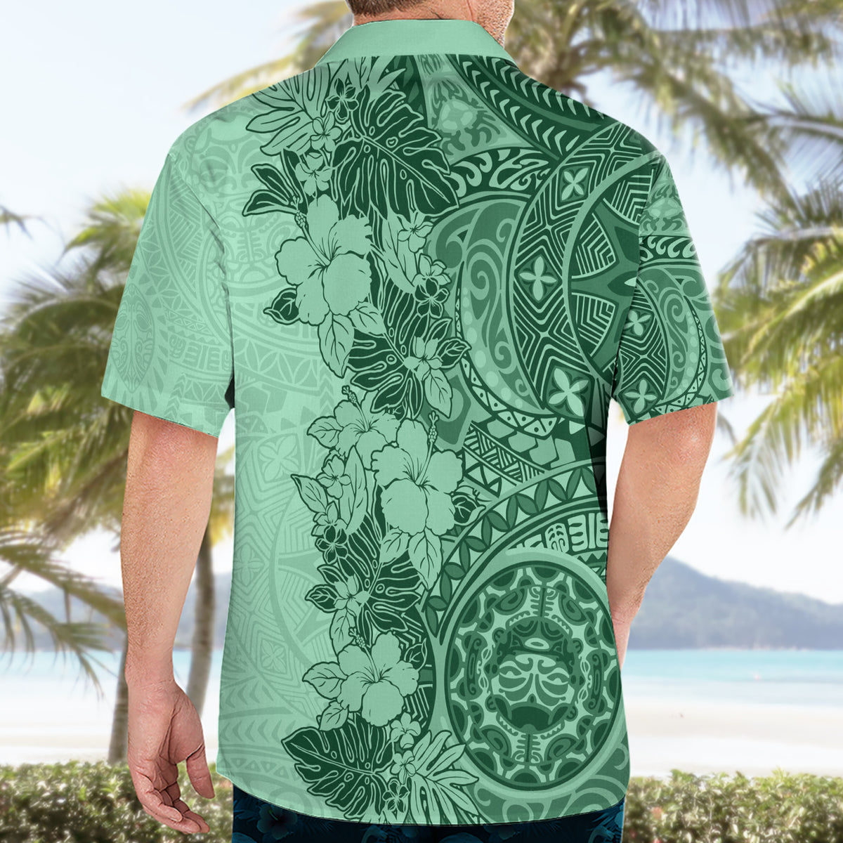 Polynesia Hawaiian Shirt Hibiscus and Hawaiian Tribal Tattoo Retro Style Green Color - Wonder Print Shop