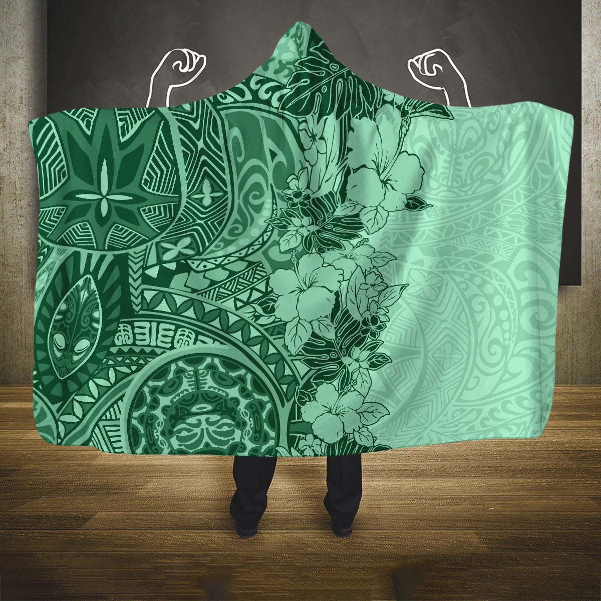polynesia-hooded-blanket-hibiscus-and-hawaiian-tribal-tattoo-retro-style-green-color