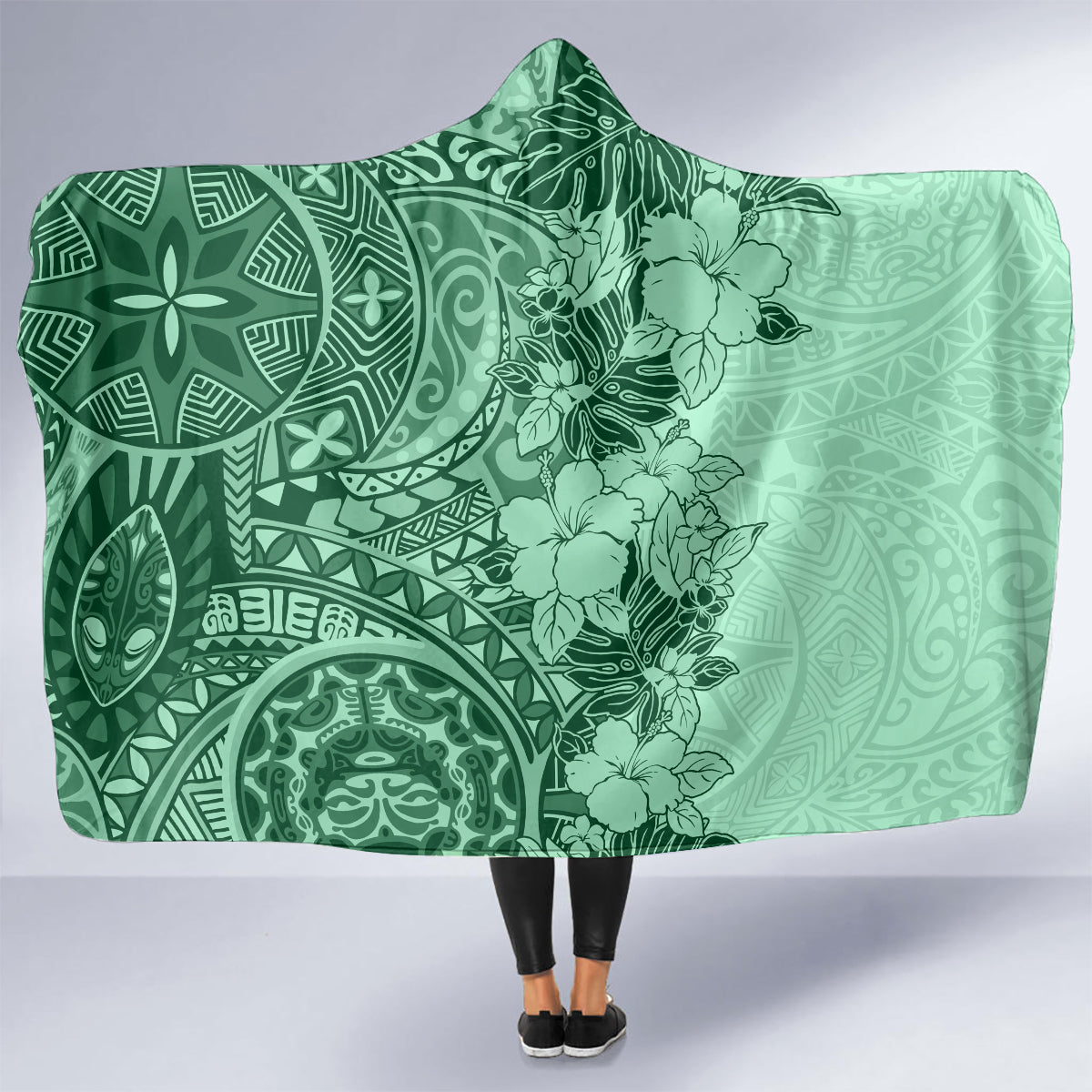 polynesia-hooded-blanket-hibiscus-and-hawaiian-tribal-tattoo-retro-style-green-color