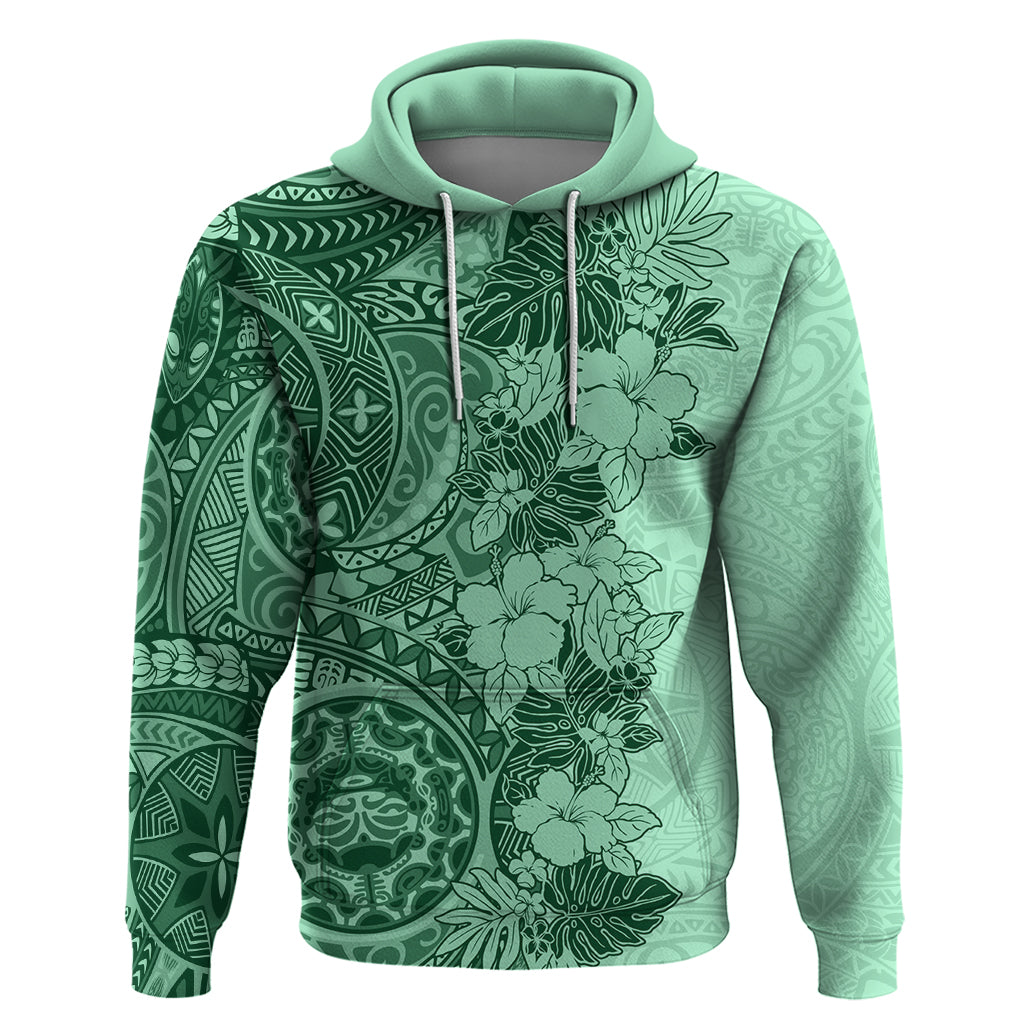 Polynesia Hoodie Hibiscus and Hawaiian Tribal Tattoo Retro Style Green Color - Wonder Print Shop