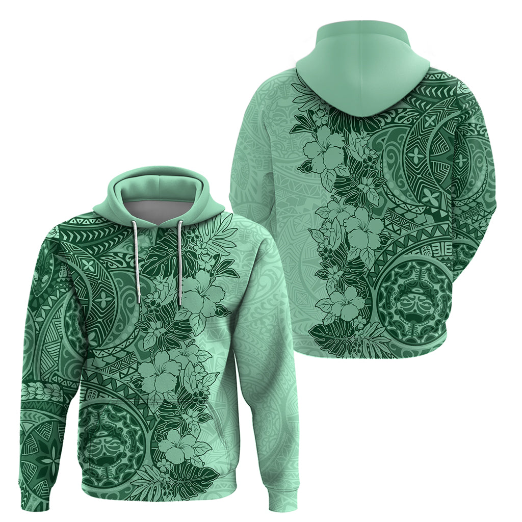 Polynesia Hoodie Hibiscus and Hawaiian Tribal Tattoo Retro Style Green Color - Wonder Print Shop