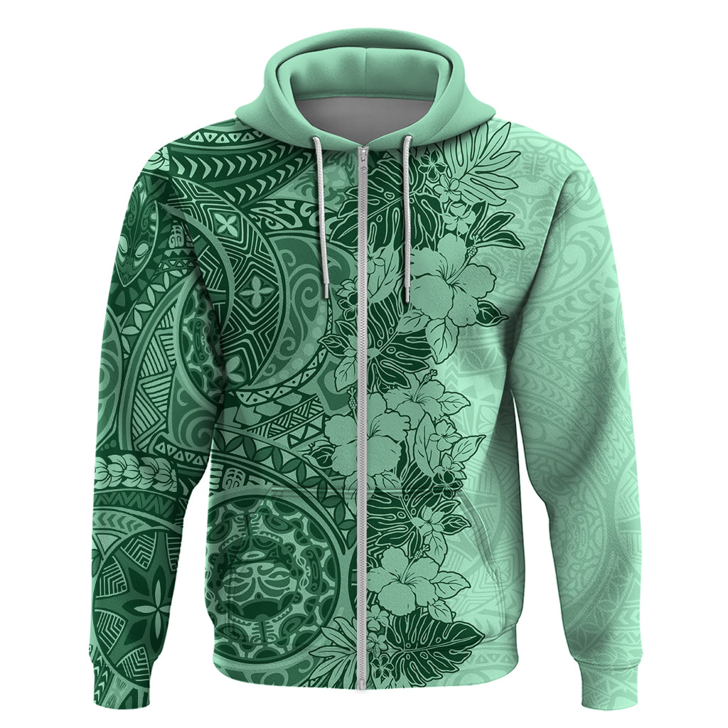 Polynesia Hoodie Hibiscus and Hawaiian Tribal Tattoo Retro Style Green Color - Wonder Print Shop