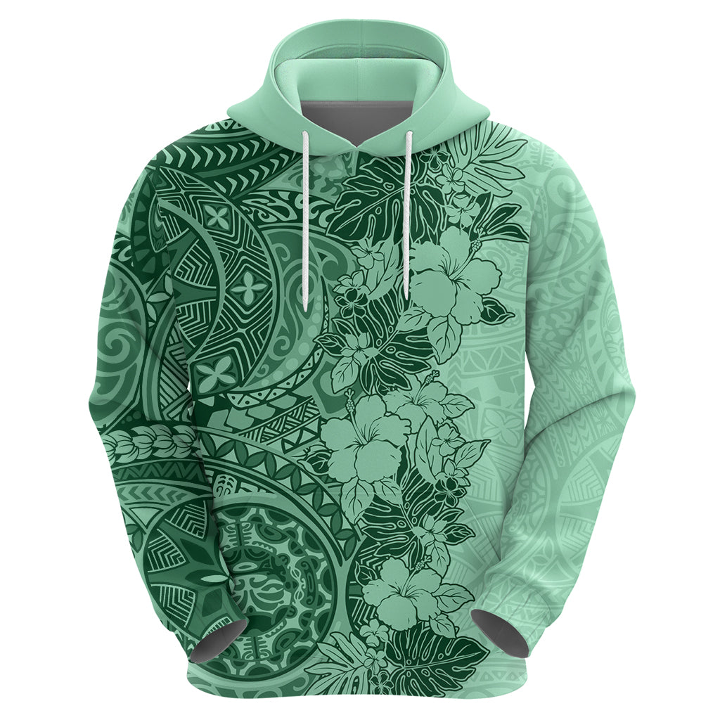 Polynesia Hoodie Hibiscus and Hawaiian Tribal Tattoo Retro Style Green Color - Wonder Print Shop