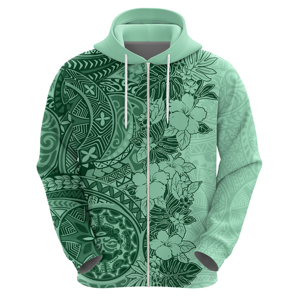 Polynesia Hoodie Hibiscus and Hawaiian Tribal Tattoo Retro Style Green Color - Wonder Print Shop