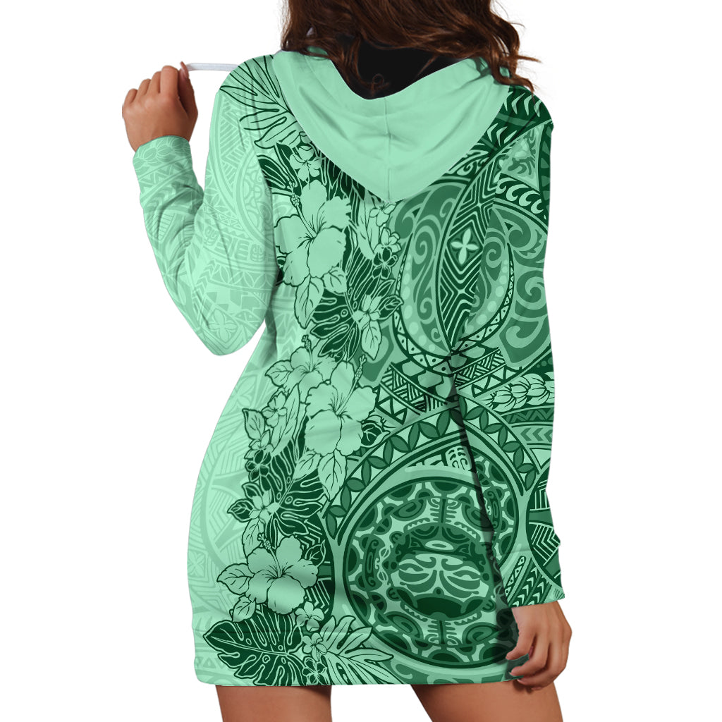 Polynesia Hoodie Dress Hibiscus and Hawaiian Tribal Tattoo Retro Style Green Color - Wonder Print Shop