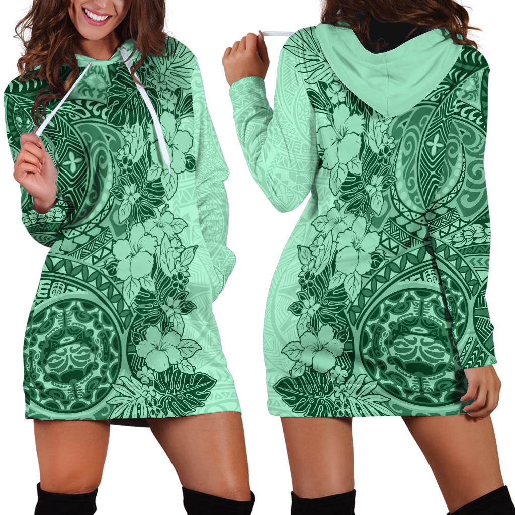 Polynesia Hoodie Dress Hibiscus and Hawaiian Tribal Tattoo Retro Style Green Color - Wonder Print Shop