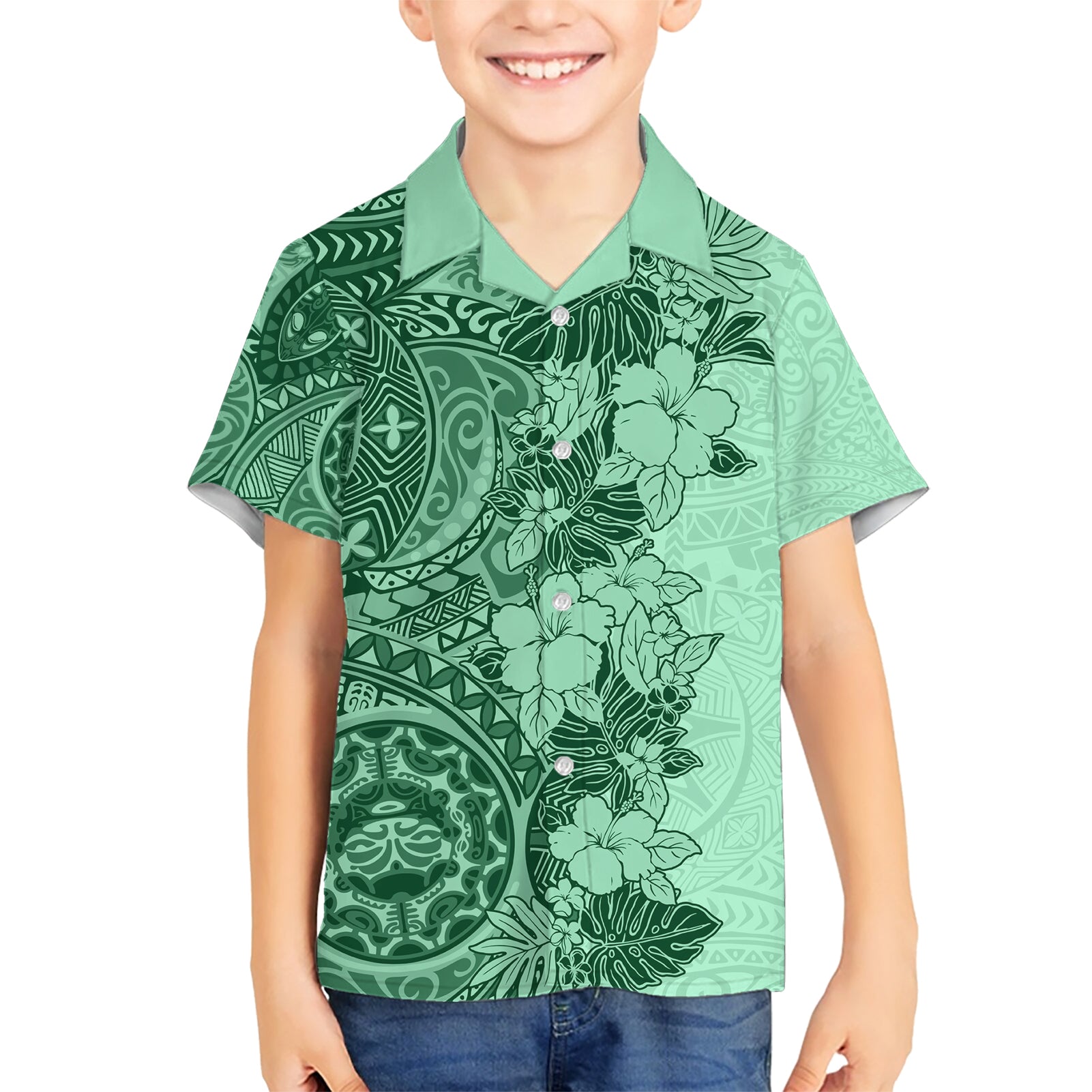 Polynesia Kid Hawaiian Shirt Hibiscus and Hawaiian Tribal Tattoo Retro Style Green Color - Wonder Print Shop