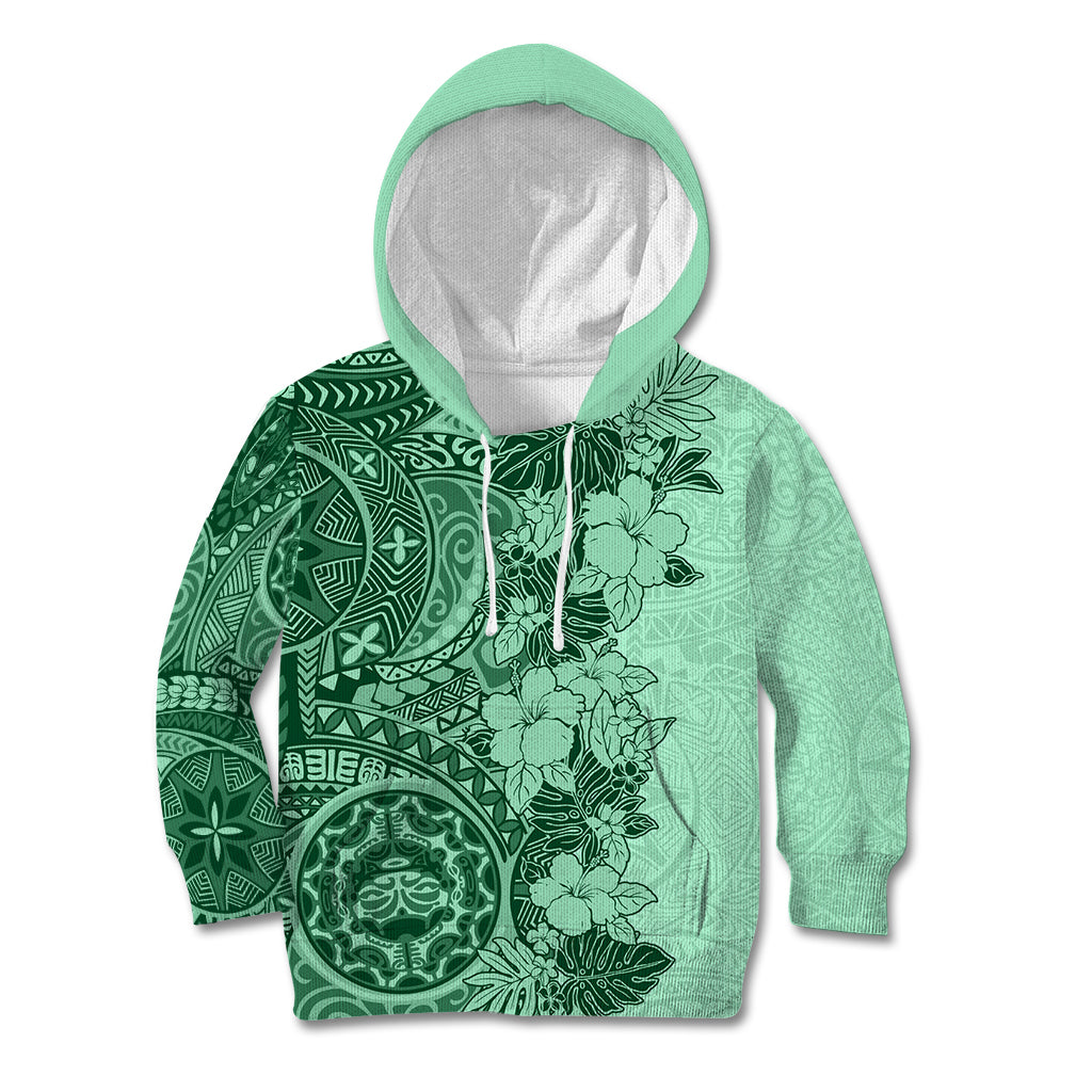 Polynesia Kid Hoodie Hibiscus and Hawaiian Tribal Tattoo Retro Style Green Color - Wonder Print Shop
