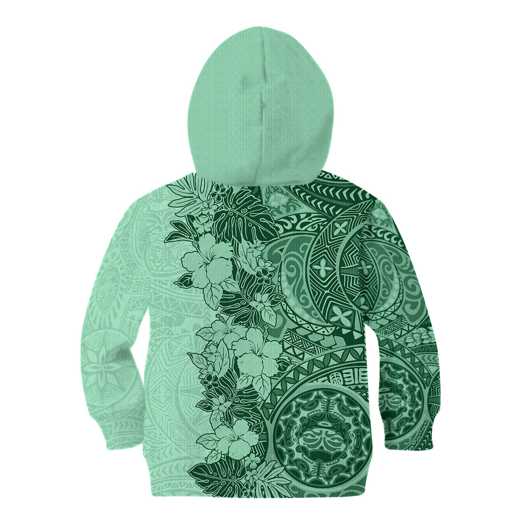 Polynesia Kid Hoodie Hibiscus and Hawaiian Tribal Tattoo Retro Style Green Color - Wonder Print Shop