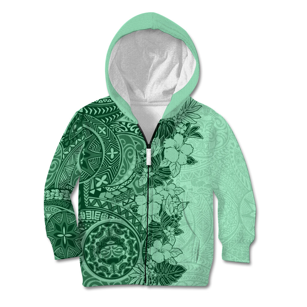 Polynesia Kid Hoodie Hibiscus and Hawaiian Tribal Tattoo Retro Style Green Color - Wonder Print Shop