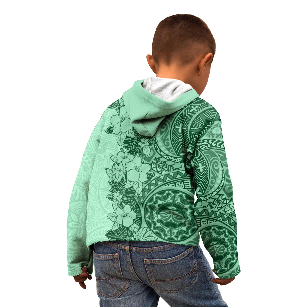Polynesia Kid Hoodie Hibiscus and Hawaiian Tribal Tattoo Retro Style Green Color - Wonder Print Shop