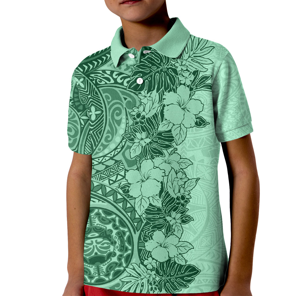 Polynesia Kid Polo Shirt Hibiscus and Hawaiian Tribal Tattoo Retro Style Green Color - Wonder Print Shop
