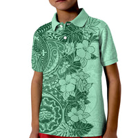 Polynesia Kid Polo Shirt Hibiscus and Hawaiian Tribal Tattoo Retro Style Green Color - Wonder Print Shop