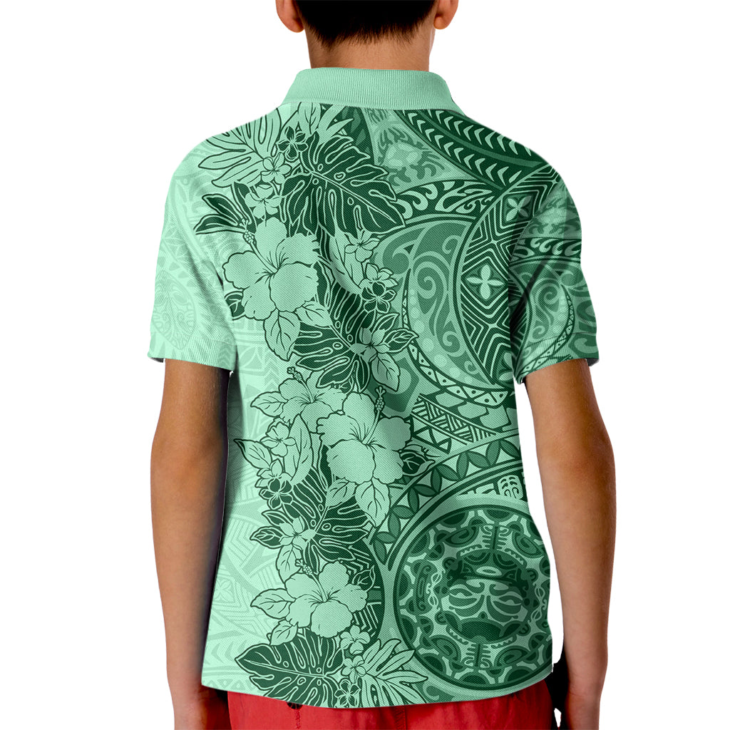 Polynesia Kid Polo Shirt Hibiscus and Hawaiian Tribal Tattoo Retro Style Green Color - Wonder Print Shop