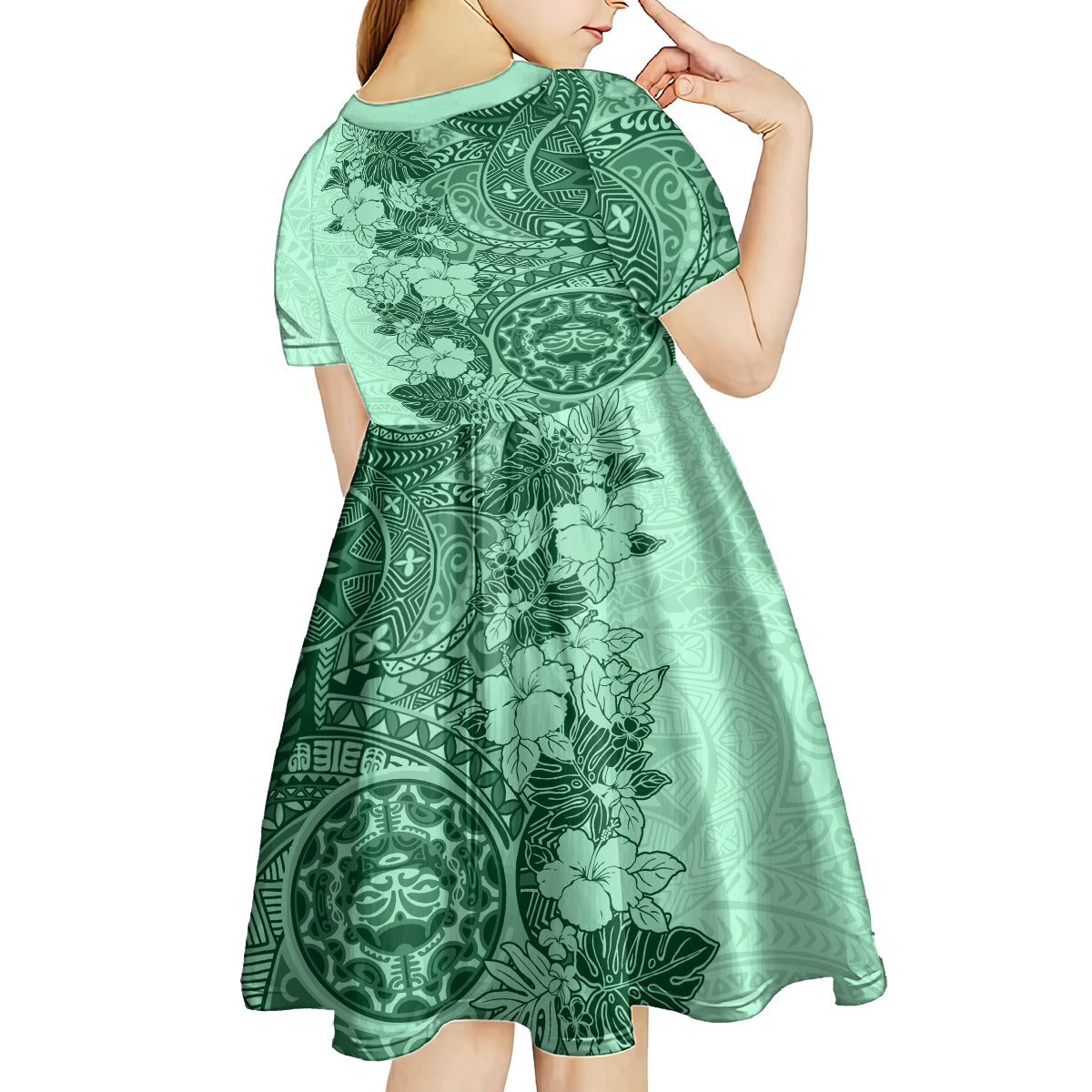 Polynesia Kid Short Sleeve Dress Hibiscus and Hawaiian Tribal Tattoo Retro Style Green Color - Wonder Print Shop