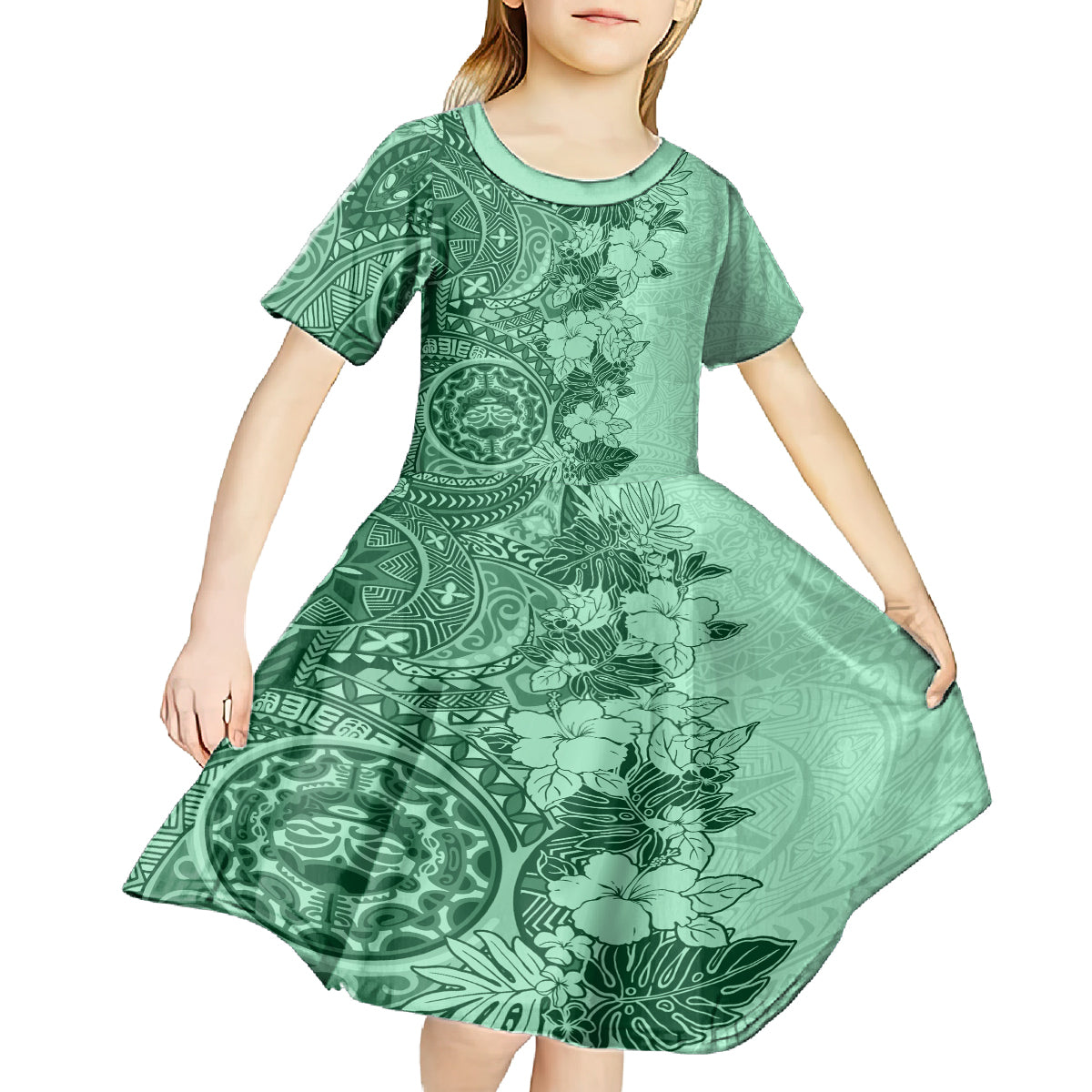 Polynesia Kid Short Sleeve Dress Hibiscus and Hawaiian Tribal Tattoo Retro Style Green Color - Wonder Print Shop