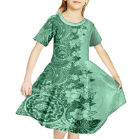 Polynesia Kid Short Sleeve Dress Hibiscus and Hawaiian Tribal Tattoo Retro Style Green Color - Wonder Print Shop