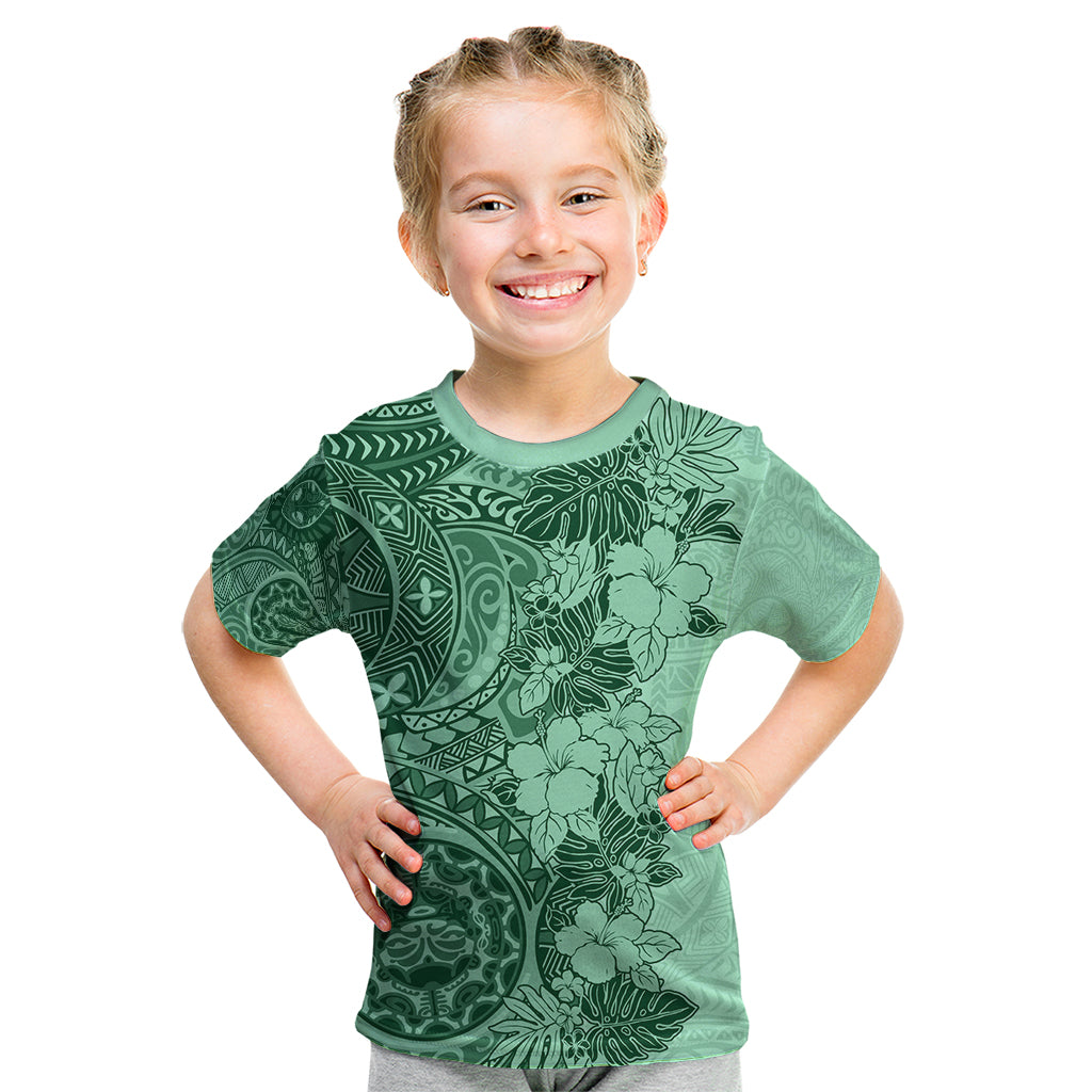 Polynesia Kid T Shirt Hibiscus and Hawaiian Tribal Tattoo Retro Style Green Color - Wonder Print Shop