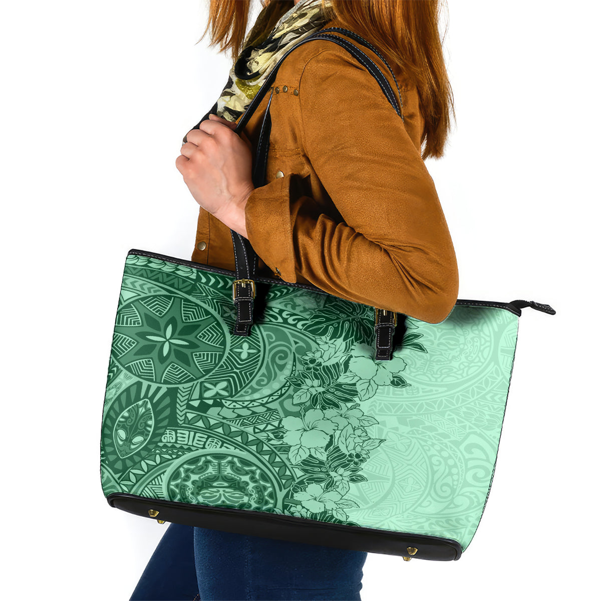 Polynesia Leather Tote Bag Hibiscus and Hawaiian Tribal Tattoo Retro Style Green Color - Wonder Print Shop