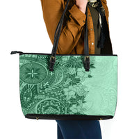 Polynesia Leather Tote Bag Hibiscus and Hawaiian Tribal Tattoo Retro Style Green Color - Wonder Print Shop