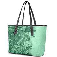 Polynesia Leather Tote Bag Hibiscus and Hawaiian Tribal Tattoo Retro Style Green Color - Wonder Print Shop