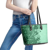 Polynesia Leather Tote Bag Hibiscus and Hawaiian Tribal Tattoo Retro Style Green Color - Wonder Print Shop