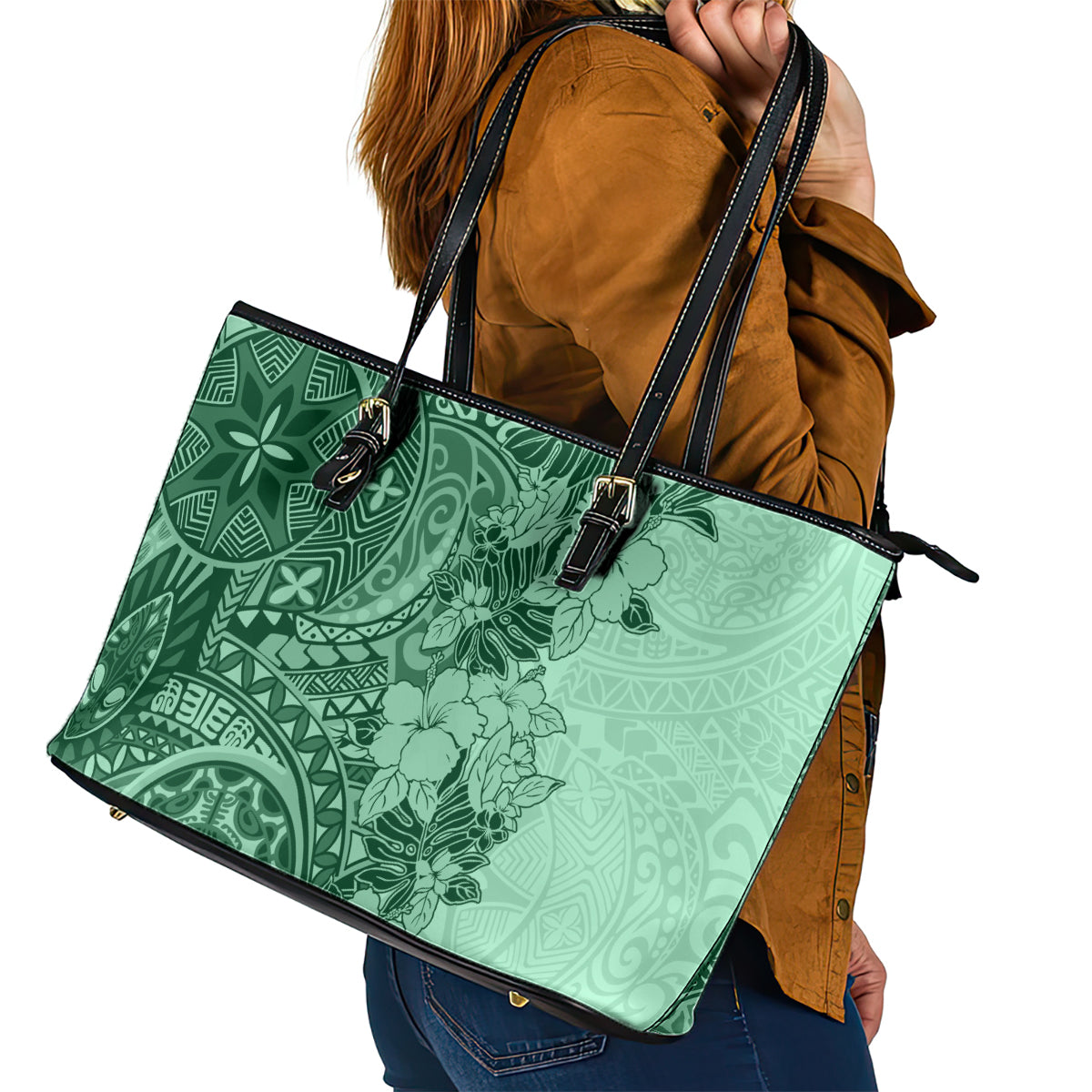 Polynesia Leather Tote Bag Hibiscus and Hawaiian Tribal Tattoo Retro Style Green Color - Wonder Print Shop