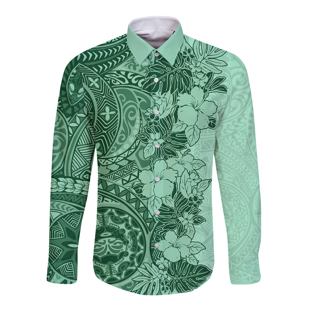 Polynesia Long Sleeve Button Shirt Hibiscus and Hawaiian Tribal Tattoo Retro Style Green Color - Wonder Print Shop