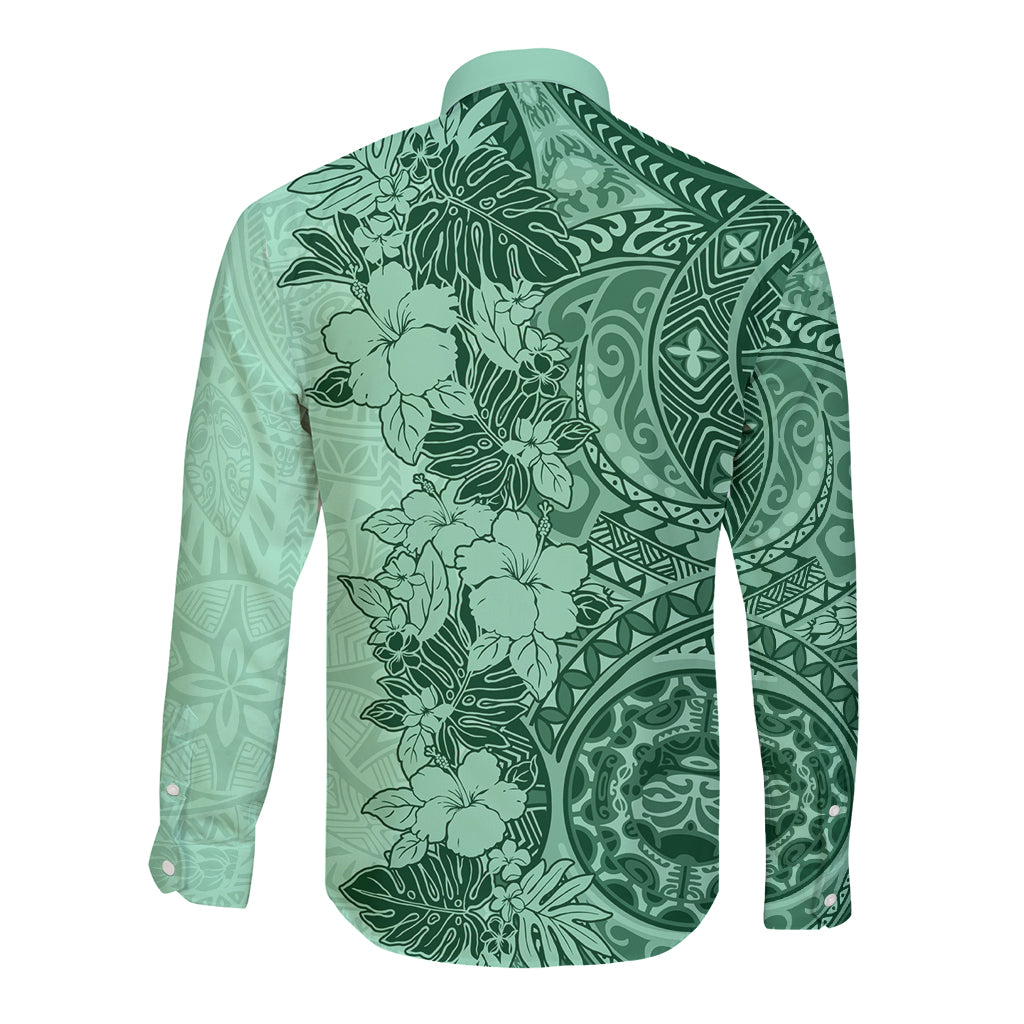 Polynesia Long Sleeve Button Shirt Hibiscus and Hawaiian Tribal Tattoo Retro Style Green Color - Wonder Print Shop