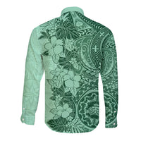 Polynesia Long Sleeve Button Shirt Hibiscus and Hawaiian Tribal Tattoo Retro Style Green Color - Wonder Print Shop
